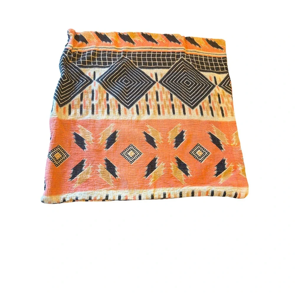 Pillow Cover Orange Black Kantha Stitch Geometric Tribal Boho Sham 23 x 23 in
